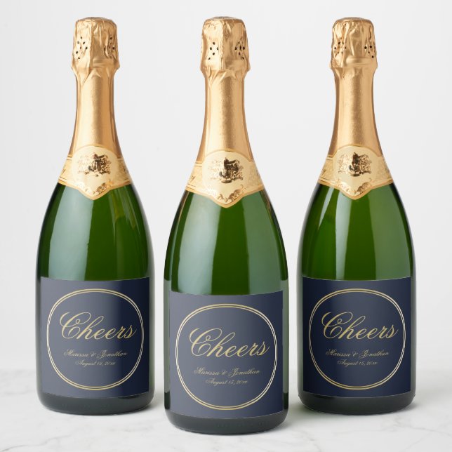 Cheers Elegant Blue Gold Calligraphy Wedding Sparkling Wine Label (Bottles)