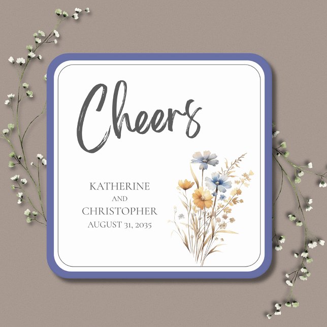Cheers Elegant Blue Wildflower Floral Wedding Square Paper Coaster (Cheers Blue Wildflowers Wedding Paper Coaster with blue, yellow and purple flowers.)