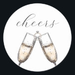 Cheers Elegant Bubbly Champange Bridal Shower  Classic Round Sticker<br><div class="desc">Bridal shower stickers with a hand sketch of champagne glasses. This design features two drinks that are doing a cheers. There is also an engagement ring featured. Simple,  modern,  and minimal design perfect for a wedding celebration.</div>