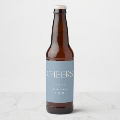Cheers Elegant Dusty Blue Typography Wedding  Beer Bottle Label