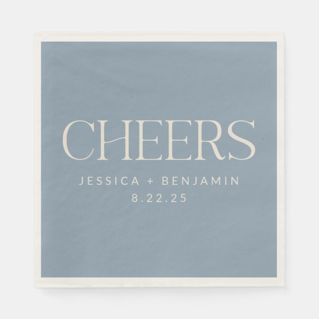 Cheers Elegant Dusty Blue Typography Wedding Napkins (Front)