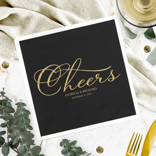 Cheers _ Elegant Gold Faux Foil And Black Wedding Napkins