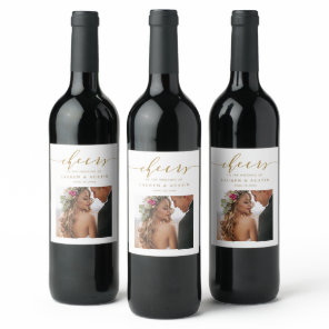 Cheers Elegant Gold Script Photo Wedding Wine Label