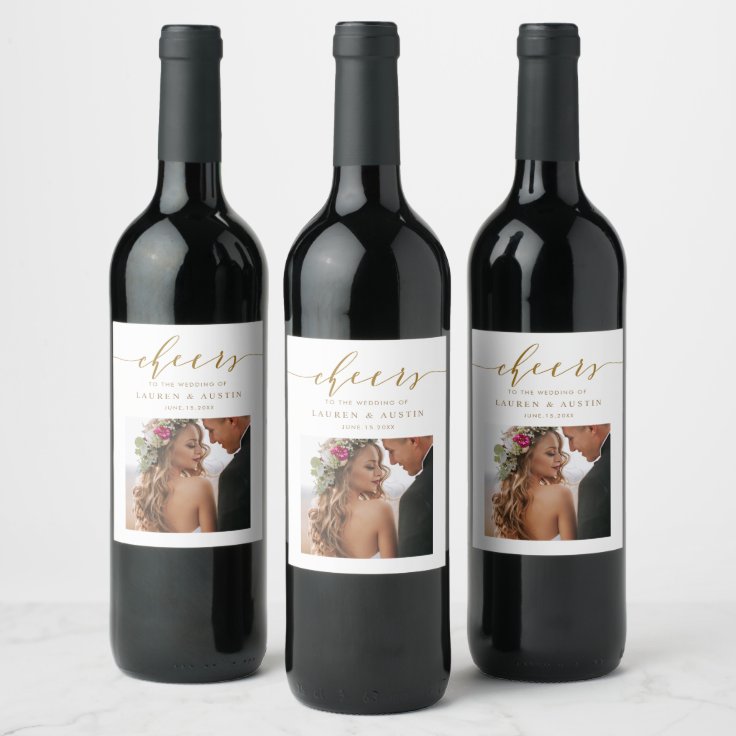 Cheers Elegant Gold Script Photo Wedding Wine Label | Zazzle