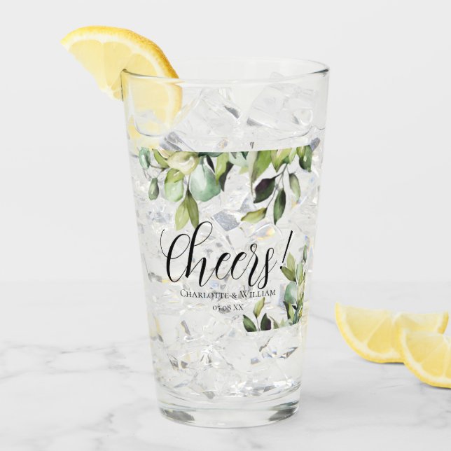 Cheers Elegant Green Botanicals | Wedding Favor Glass (Front Ice)