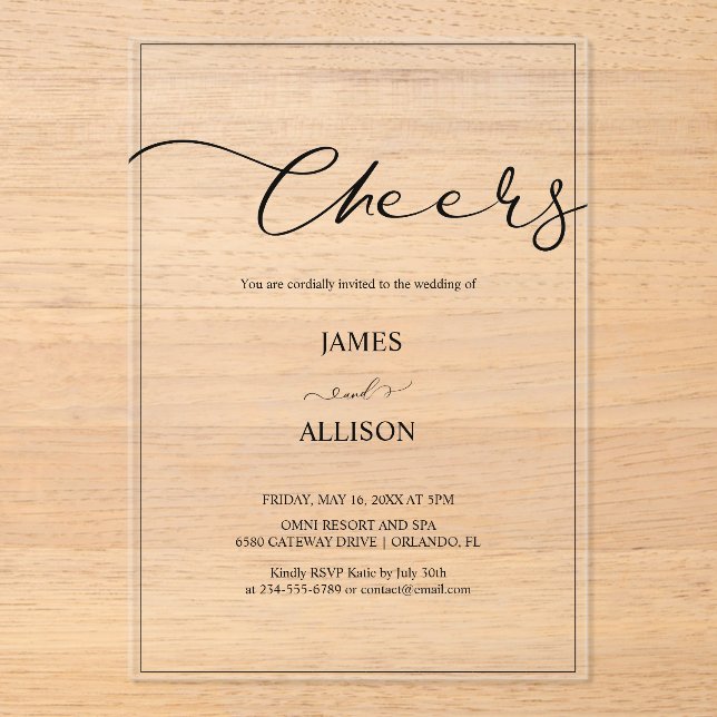cheers Elegant Minimalist Simple Wedding  Acrylic Invitations (Front)