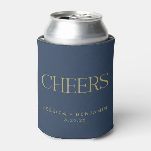 Cheers Elegant Navy Blue Gold Typography Wedding Can Cooler