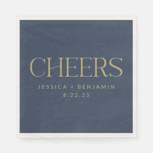 Cheers Elegant Navy Blue Gold Typography Wedding Napkins