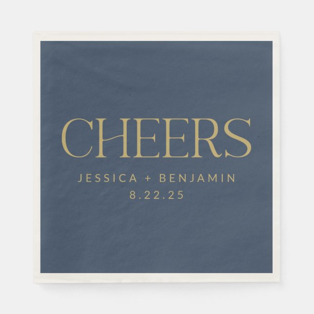 Cheers Elegant Navy Blue Gold Typography Wedding Napkins (Front)