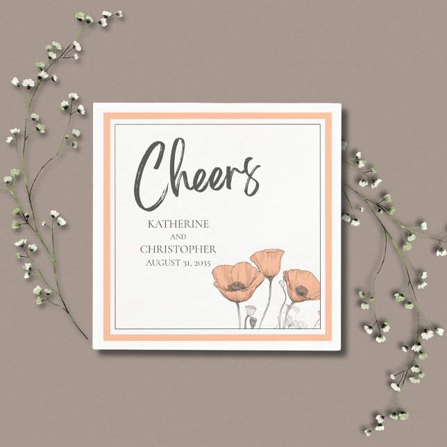 Cheers Elegant Peach Floral Poppies Wedding Napkins (Peach Poppies Elegant Wedding Cheers Cocktail Napkin with California Poppies.)