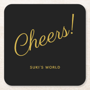 Cheers! Elegant Personalized Black Square Paper Coaster