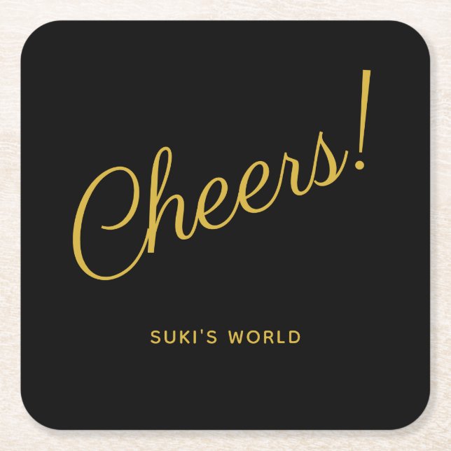 Cheers! Elegant Personalized Black Square Paper Coaster (Front)