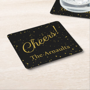 Cheers! Elegant Personalized Black Square Paper Coaster
