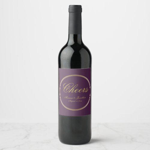 Cheers Elegant Purple Gold Calligraphy Wedding Wine Label