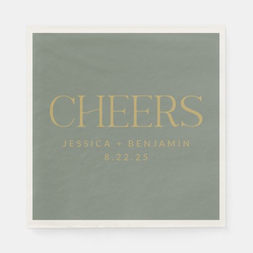 Cheers Elegant Sage with Gold Typography Wedding Napkins