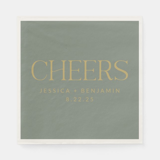 Cheers Elegant Sage with Gold Typography Wedding Napkins (Front)