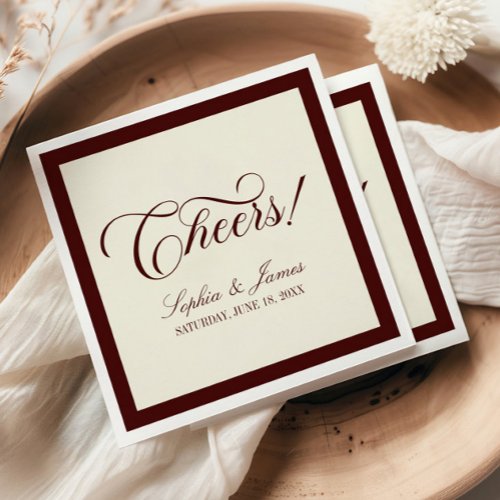 Cheers! Elegant Vintage Ivory Burgundy Wedding Napkins