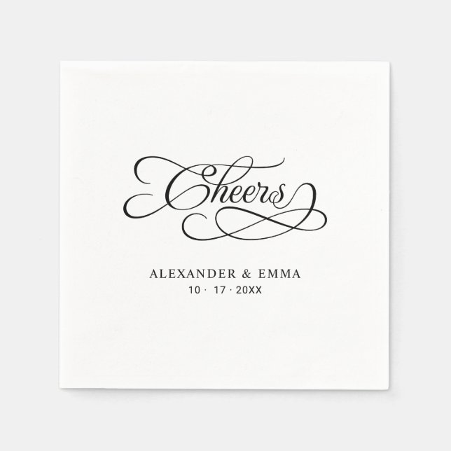 Cheers Elegant Wedding Black & White Calligraphy Napkins (Front)
