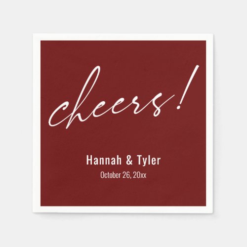 Cheers! Elegant Wedding Typography Burgundy Napkins