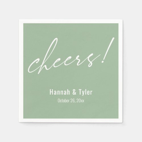 Cheers! Elegant Wedding Typography Sage Green Napkins