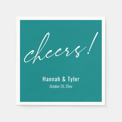 Cheers! Elegant Wedding Typography Teal Napkins