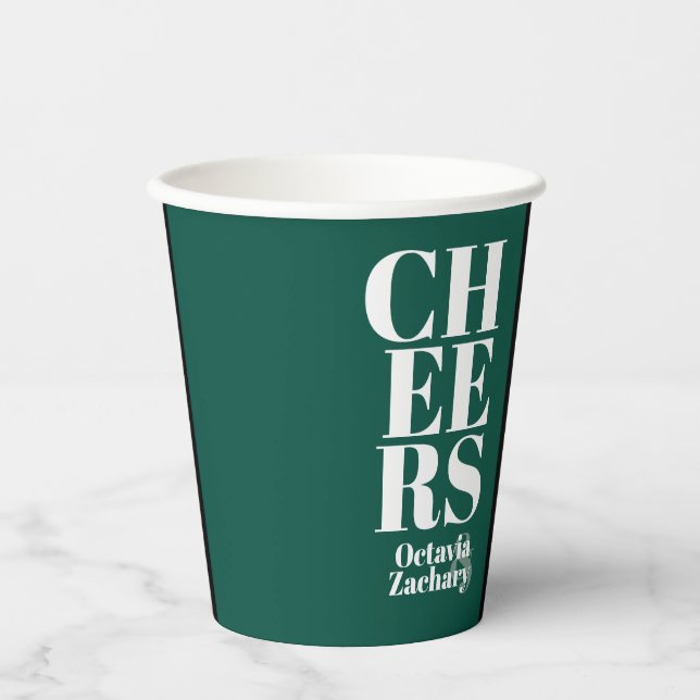 Cheers Emerald Green Modern Typography Wedding Paper Cups (Front)