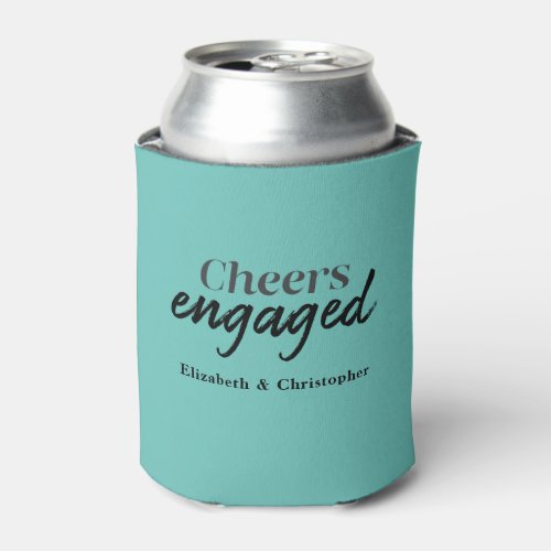 Cheers Engaged Blue Typography Engagement Party Can Cooler