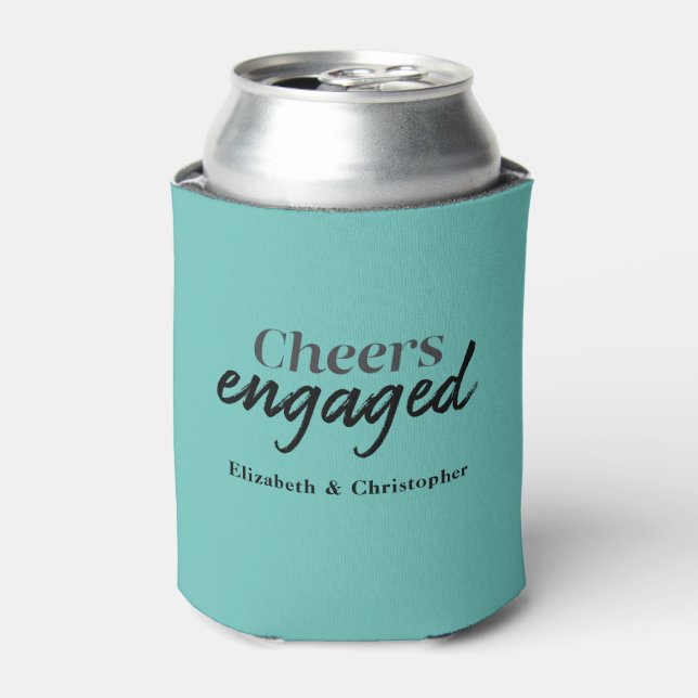 Cheers Engaged Blue Typography Engagement Party Can Cooler (Can Front)