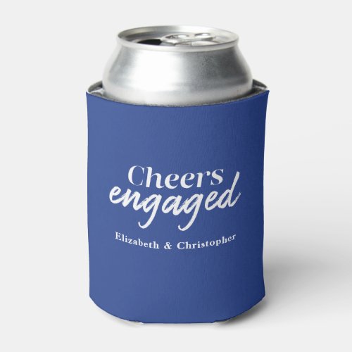 Cheers Engaged Blue Typography Engagement Party Can Cooler