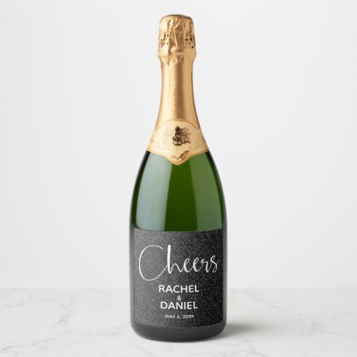 Cheers Faux BLACK GLITTER Wedding Sparkling Wine Label