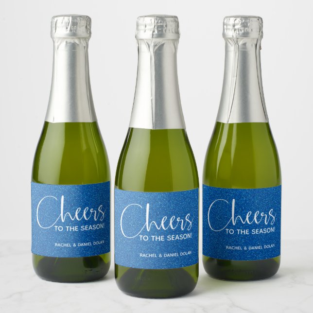 Cheers Faux Blue GLITTER Christmas Mini Sparkling Wine Label (Bottles)