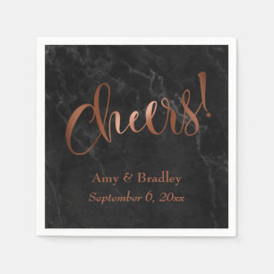 "Cheers!" Faux Copper Script over Black Marble Paper Napkins
