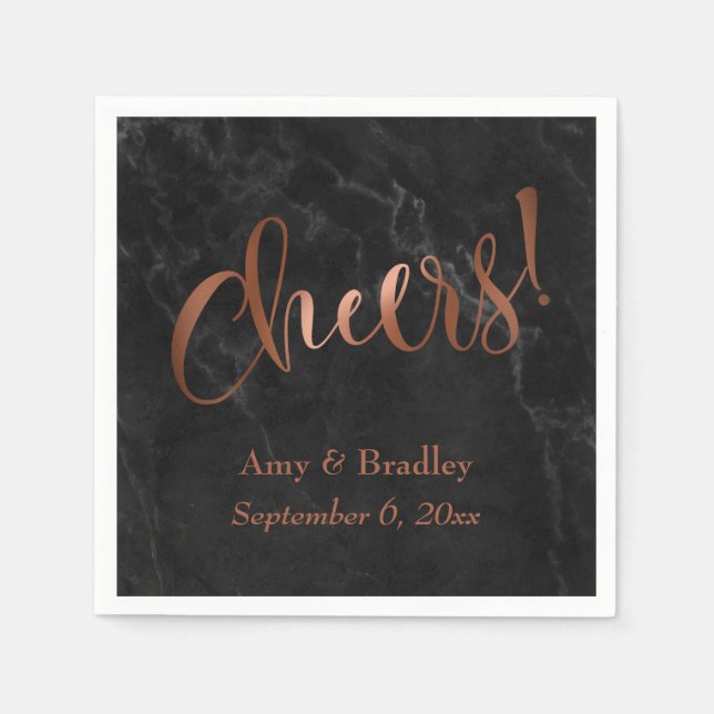 "Cheers!" Faux Copper Script over Black Marble Paper Napkins (Front)