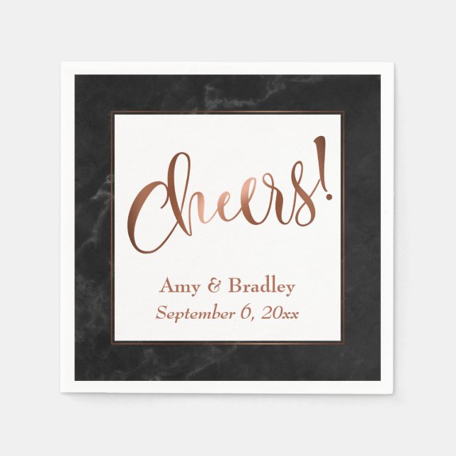 "Cheers!" Faux Copper Script over Black Marble Paper Napkins (Front)
