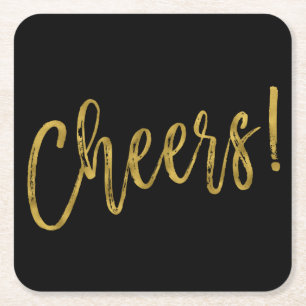 Cheers Faux Gold Foil and Black Drink Coasters