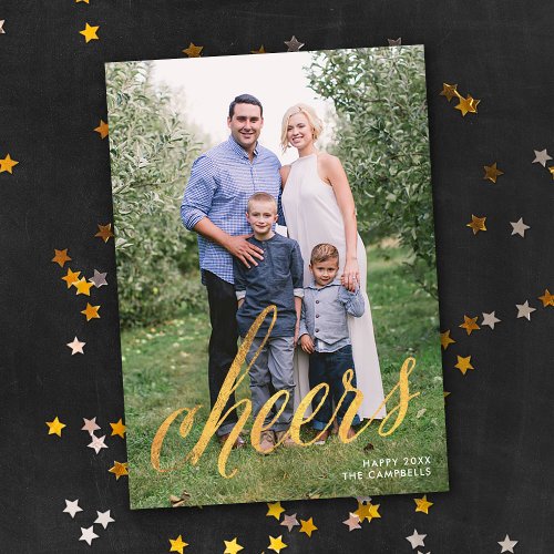 Cheers Faux Gold Foil Script New Year Photo Holiday Card