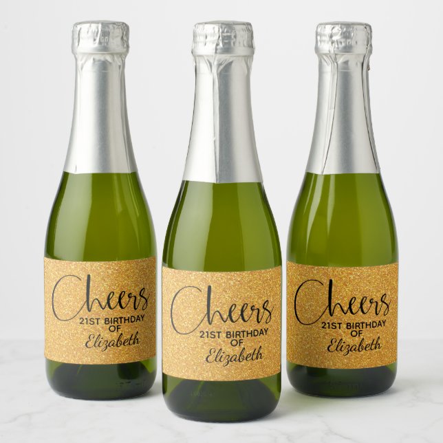 Cheers Faux Gold GLITTER Birthday Mini Sparkling Wine Label (Bottles)