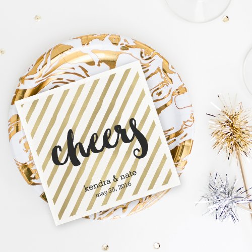 Cheers  Faux Gold Stripe Wedding Engagement Paper Napkins