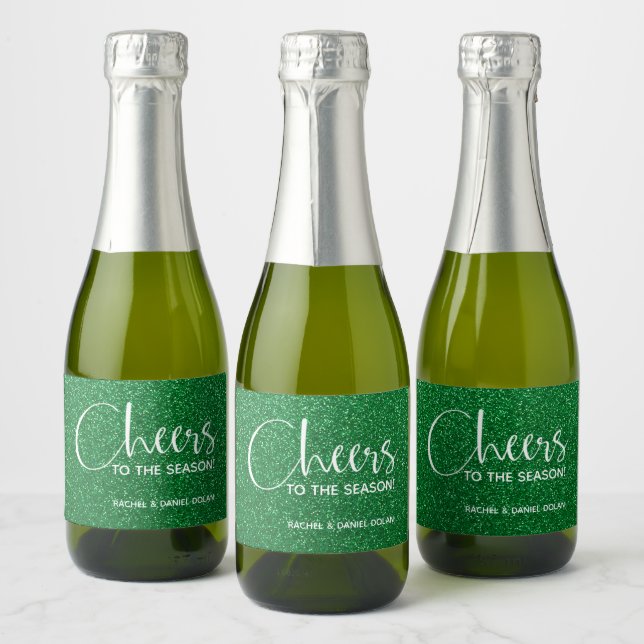 Cheers Faux Green GLITTER Christmas Mini Sparkling Wine Label (Bottles)