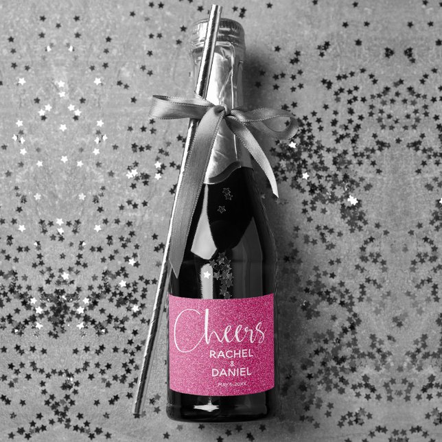 Cheers Faux HOT PINK GLITTER Wedding Mini Sparkling Wine Label (Cheers hot pink faux glitter mini sparkling wine labels personalized for your wedding)