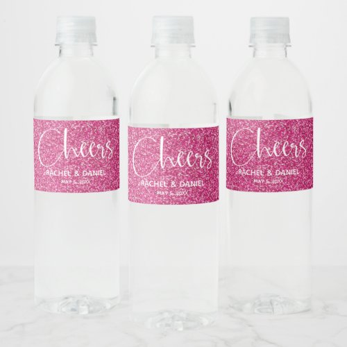 Cheers Faux HOT PINK GLITTER Wedding Water Bottle Label