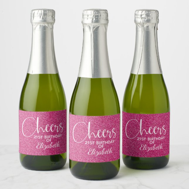 Cheers Faux Pink GLITTER Birthday Mini Sparkling Wine Label (Bottles)