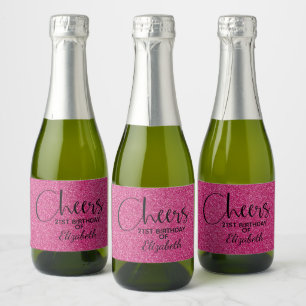 Cheers Faux Pink GLITTER Birthday Mini Sparkling Wine Label