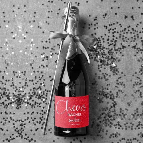Cheers Faux RED GLITTER Wedding Mini Sparkling Wine Label