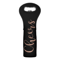 Cheers Faux Rose Gold Typography on Black Wine Bag