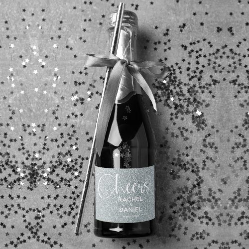 Cheers Faux SILVER GLITTER Wedding Mini Sparkling Wine Label