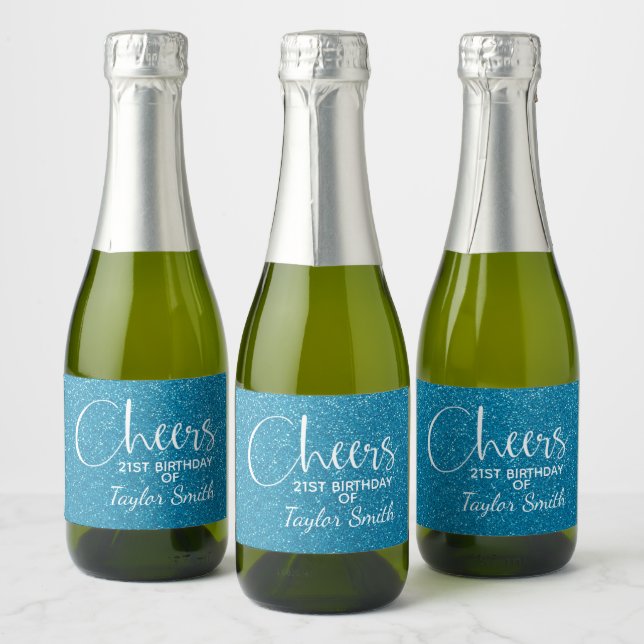 Cheers Faux Turquoise GLITTER Birthday Mini Sparkling Wine Label (Bottles)
