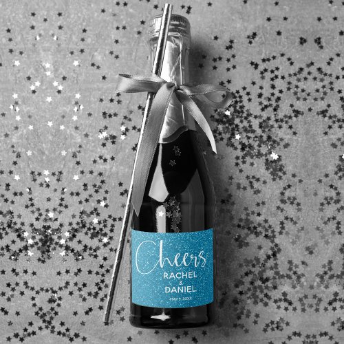 Cheers Faux TURQUOISE GLITTER Wedding Mini Sparkling Wine Label