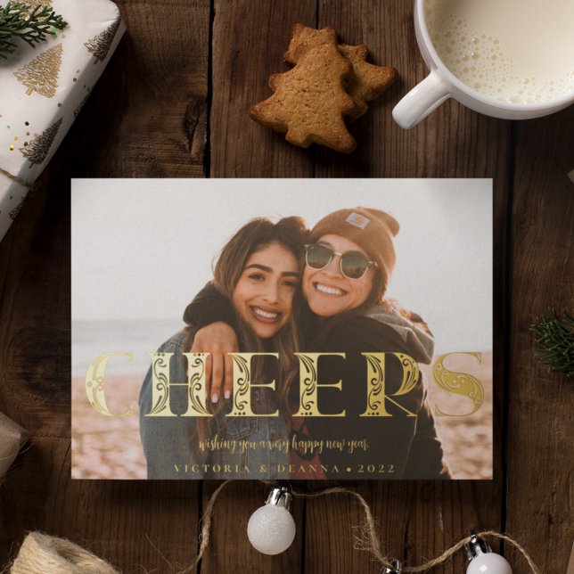 Cheers Filigree Photo Foil Holiday Card (Creator Uploaded)