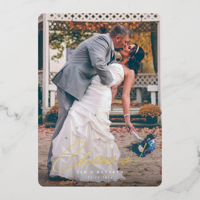 Cheers! First Year Married New Year Photo Foil Holiday Card (Front)